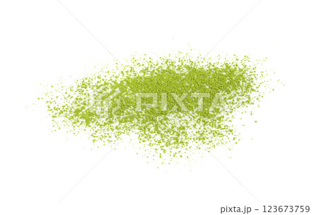 Matcha powder isolated, green tea dust pile, spirulina flour, powdered chlorella, dry extract Matcha powder isolated, green tea dust pile, spirulina flour, powdered chlorella, dry extract 123673759