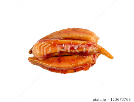 Stewed okra, cooked bamya fruits isolated, traditional asian dish bamia in red sauce, okra stew closeup Stewed okra, cooked bamya fruits isolated, traditional asian dish bamia in red sauce, okra stew closeup 123673768