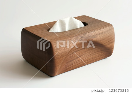 High-resolution photo capturing a sleek wooden tissue dispenser, exemplifying minimalist design and modern home decor aesthetics against a clean backdrop 123673816