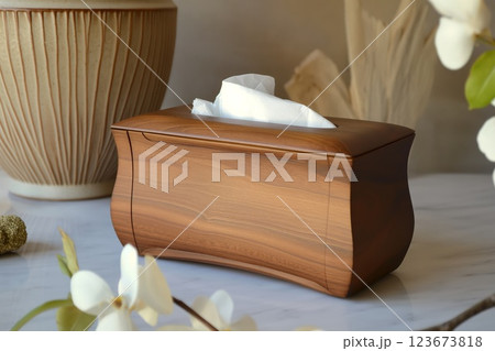 Wooden tissue dispenser on a table with soft lighting, adding a sophisticated and natural touch to home decor Wooden tissue dispenser on a table with soft lighting, adding a sophisticated and natural touch to home decor 123673818