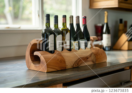 Stylish wooden wine bottle holder displays a selection of wines on a kitchen counter with warm, natural lighting 123673835