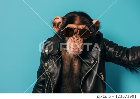Cool monkey dressed in a black leather jacket and aviator sunglasses poses against a vibrant blue background 123673901