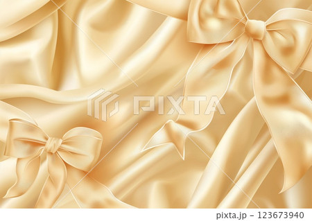 Luxurious golden satin texture with ribbons and bows, ideal for background or design 123673940