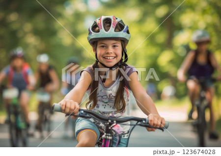 Young girl with a bright smile rides her bicycle during a charity event, exuding happiness and determination amidst fellow participants 123674028