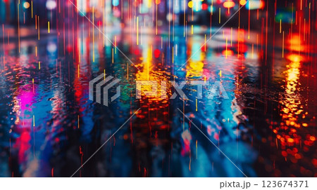 Colorful neon lights reflecting on a rain-soaked urban street at night 123674371