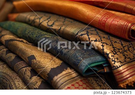 Close-up of elegant, patterned silk fabric rolls in various colors and designs 123674373