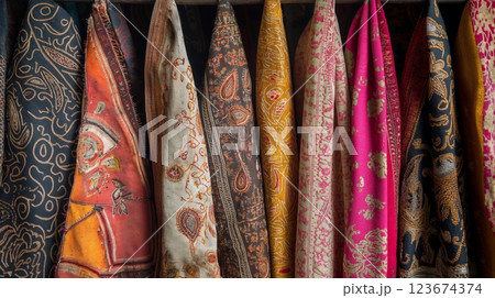 Vibrant assortment of ethnic textiles with intricate patterns showcased in a row 123674374