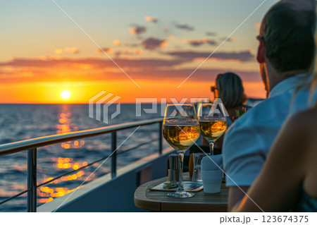 Serene view of passengers savoring cocktails on a luxury yacht against the backdrop of a magnificent ocean sunset 123674375