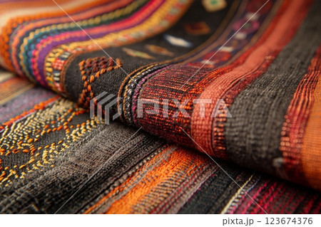 Close-up shot of colorful woven textiles showcasing intricate patterns and craftsmanship 123674376