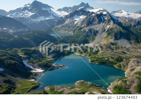 Breathtaking view of turquoise lakes nestled among rugged mountain peaks under a clear blue sky 123674483