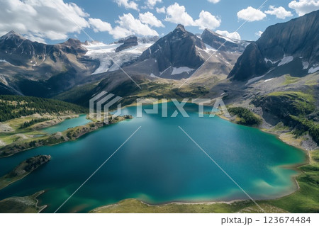 Breathtaking aerial view of a pristine mountain lake surrounded by rugged peaks and clear blue skies. Offering a serene panorama of untouched wilderness and natural beauty in a remote alpine location 123674484
