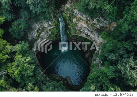 Aerial view of a tranquil waterfall cascading into a secluded circular pool surrounded by lush forest Aerial view of a tranquil waterfall cascading into a secluded circular pool surrounded by lush forest 123674518