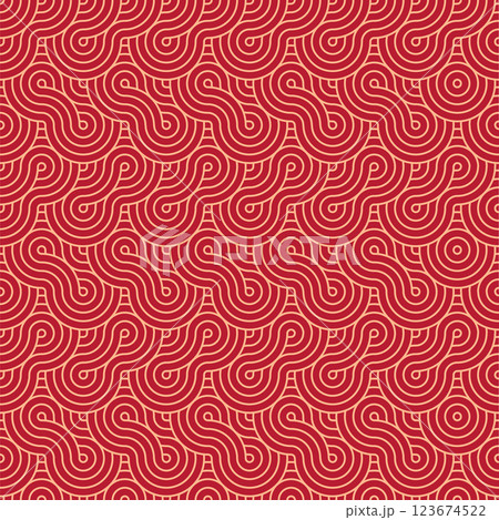 Vector Japanese seamless pattern in oriental geometric traditional style. Festive ornament for lunar chinese new year decoration. Red and golden asian creative motif. Abstract Waves and Circles Vector Japanese seamless pattern in oriental geometric traditional style. Festive ornament for lunar chinese new year decoration. Red and golden asian creative motif. Abstract Waves and Circles 123674522