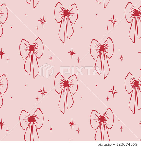 Red bows and stars on pink background. Coquette core. Seamless pattern EPS vector hand drawn for cute core, girly, romantic, wedding design, textile, fabric, wallpaper, scrapbooking. Outline sketch. Red bows and stars on pink background. Coquette core. Seamless pattern EPS vector hand drawn for cute core, girly, romantic, wedding design, textile, fabric, wallpaper, scrapbooking. Outline sketch. 123674559