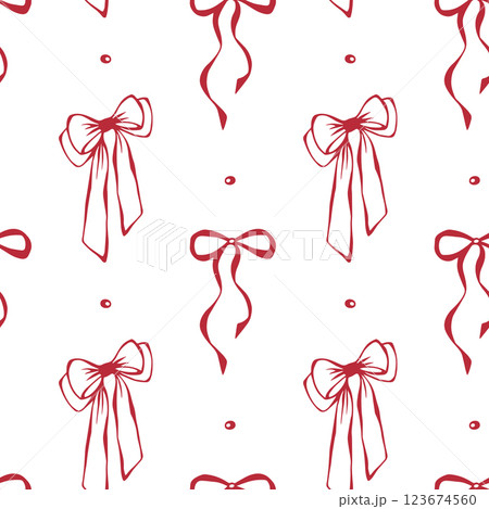 Red bows. Coquette core. Seamless pattern EPS vector hand drawn for cute core, girly, romantic, greeting, wedding design, textile, wrapping, fabric, wallpaper and scrapbooking paper. Outline sketch. Red bows. Coquette core. Seamless pattern EPS vector hand drawn for cute core, girly, romantic, greeting, wedding design, textile, wrapping, fabric, wallpaper and scrapbooking paper. Outline sketch. 123674560