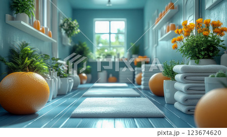 A bright, inviting wellness space with fresh oranges, rolled towels, and greenery, evoking a relaxing atmosphere 123674620