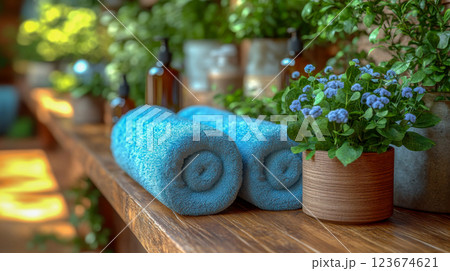 Rolled blue towels with potted plants in a spa-like setting, surrounded by natural decor and greenery 123674621