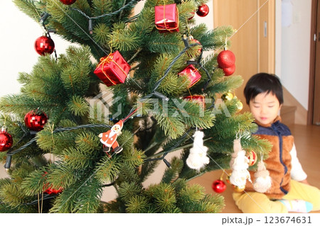 クリスマスツリーと男の子 クリスマスツリーと男の子 123674631