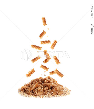 Raw Brown Pasta, Wholegrain Fusilli, Dry Whole Grain Noodle, Raw Spelt Macaroni, Healthy Italy Food Raw Brown Pasta, Wholegrain Fusilli, Dry Whole Grain Noodle, Raw Spelt Macaroni, Healthy Italy Food 123674670