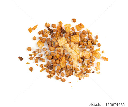 Dried vegetables mix with carrots, onion, parsnip and soy meat isolated. Dry food pieces for instant noodles Dried vegetables mix with carrots, onion, parsnip and soy meat isolated. Dry food pieces for instant noodles 123674683