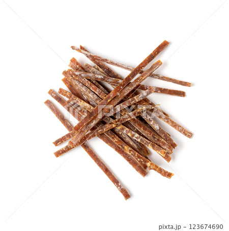 Fish Jerky Isolated, Dry Salted Seafood Snack, Hake Stockfish, Small Pieces of Dehydrated Pollock 123674690
