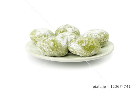 Matcha mochi rice cake, green tea daifuku, Japanese traditional dessert, round wagashi Matcha mochi rice cake, green tea daifuku, Japanese traditional dessert, round wagashi 123674741