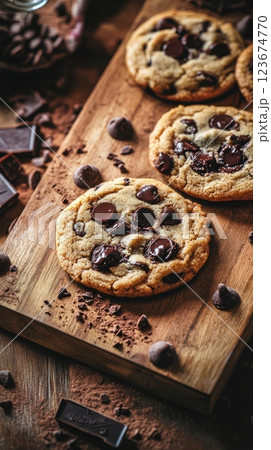 hand-shaped chocolate chip cookies with rustic edges and melted chocolate chips on a wooden board with vintage kitchen props and warm brown tones, concept of home baking, comfort food 123674770
