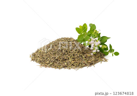 Dry thyme isolated, dried marjoram, oregano pile, ground crushed thyme seasoning, thyme leaves Dry thyme isolated, dried marjoram, oregano pile, ground crushed thyme seasoning, thyme leaves 123674818