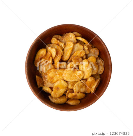 Roasted broad beans snack isolated, fried vicia faba, spicy legume, crispy big beans chips for salads Roasted broad beans snack isolated, fried vicia faba, spicy legume, crispy big beans chips for salads 123674823