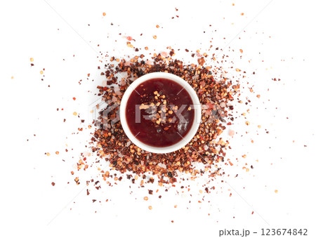 Jam with chili pepper isolated, strawberry chilli marmalade smear, spicy fruit jelly fruity confiture 123674842