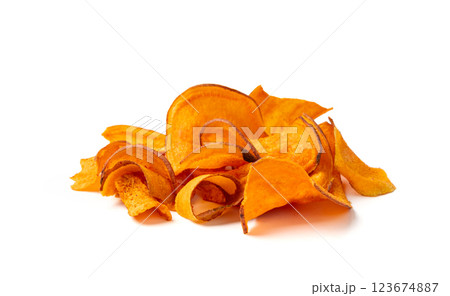 Dry sweet potato chips isolated, dried sliced red vegetable, healthy crispy snack flakes pile 123674887