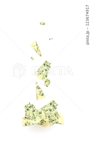 Piece of Cheese with Mold Isolated, falling Piece of Cheese with Mold Isolated, falling 123674917