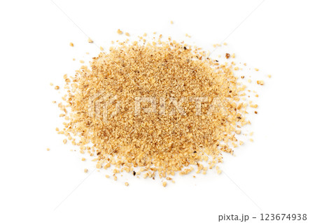 Grated wallnut , broken roasted walnuts, heap of nuts crumbs, whole kernel pieces, fractions 123674938