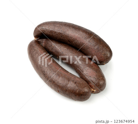 Black pudding isolated, blood sausage kaszanka, traditional Polish terrine, brawn sausages on white Black pudding isolated, blood sausage kaszanka, traditional Polish terrine, brawn sausages on white 123674954