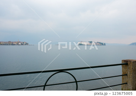 Beautiful aerial view of Lake Maggiore among the mountains, Italy. Islands of Isola Bella and Isola dei Pescatori. 123675005