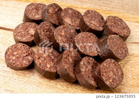 Black pudding isolated, blood sausage kaszanka, traditional Polish terrine, brawn sausages on white 123675055