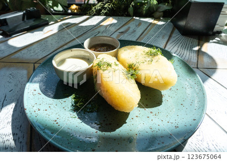 Lithuanian potato dumplings, cepelinai pancakes or kolduny, meat stuffed draniki, traditional didzkukuliai 123675064