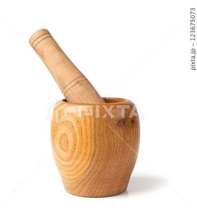 Wooden Mortar Isolated, Wood Pounder and Pestle, Empty Mortar Bowl, Vintage Kitchen Equipment Wooden Mortar Isolated, Wood Pounder and Pestle, Empty Mortar Bowl, Vintage Kitchen Equipment 123675073