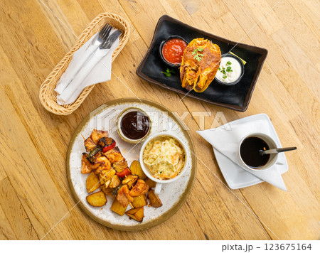 Tacos Baked with Cheese, Poultry Shish Kebab, Barbecue Shashlik, Corn Vegetable Tacos, Mexican Food Set 123675164