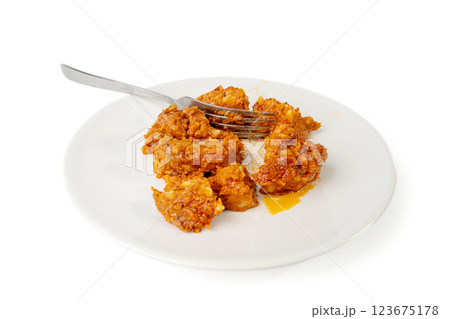 Paprika stew, Szczecin paprikash, traditional Polish fish spread with rice, tomato paste, vegetables on white 123675178