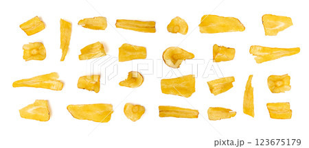 Dry parsnip chips isolated, dried sliced vegetable, healthy crispy Pastinaca sativa snack pile Dry parsnip chips isolated, dried sliced vegetable, healthy crispy Pastinaca sativa snack pile 123675179