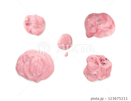 Yogurt smear isolated, white yoghurt with cherry jam splash, pink milk pudding splatter, dairy food Yogurt smear isolated, white yoghurt with cherry jam splash, pink milk pudding splatter, dairy food 123675211