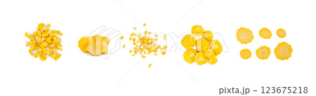 Marinated sliced patty pan cuts isolated, pickled pattypan squash pieces, salted yellow patisson 123675218