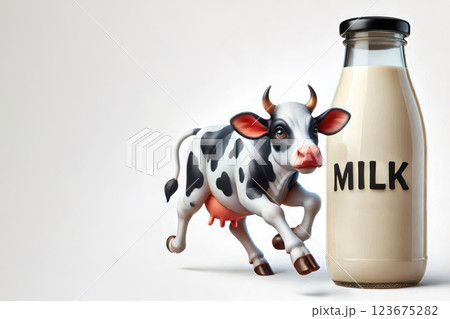 Cheerful cow next to a bottle of milk. Space for text. 123675282