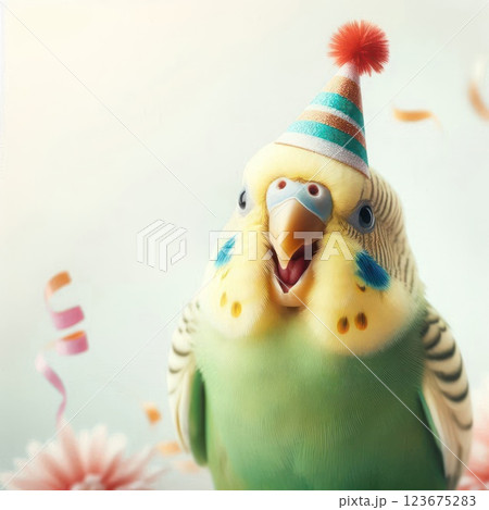 Parrot in a festive hat with confetti. Space for text. Parrot in a festive hat with confetti. Space for text. 123675283