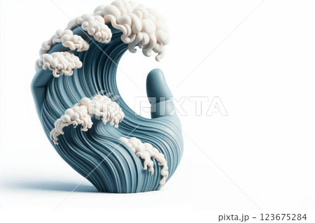 A wave in the shape of a hand with clouds. Space for text. 123675284