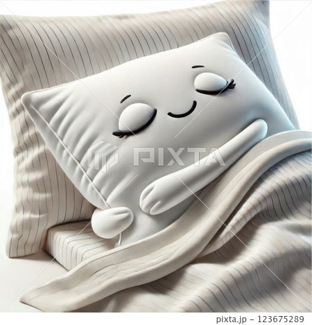 A pillow sleeping under the blanket with a cute face. A pillow sleeping under the blanket with a cute face. 123675289
