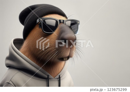 A capybara wearing a black hat and sunglasses. Space for text. A capybara wearing a black hat and sunglasses. Space for text. 123675299