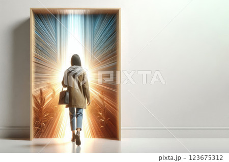 The girl enters the glowing portal. Space for text. The girl enters the glowing portal. Space for text. 123675312