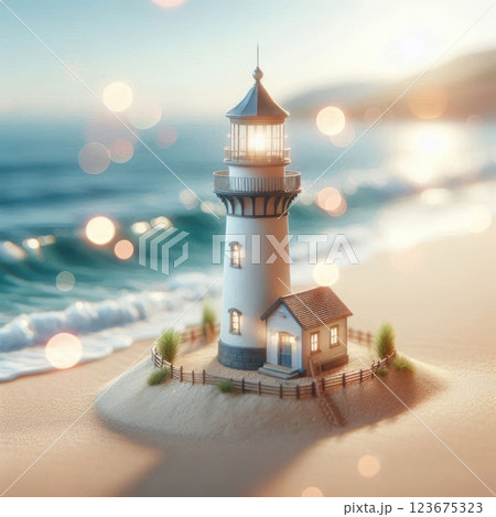 A miniature lighthouse on a sandy shore in the rays of the sun. 123675323